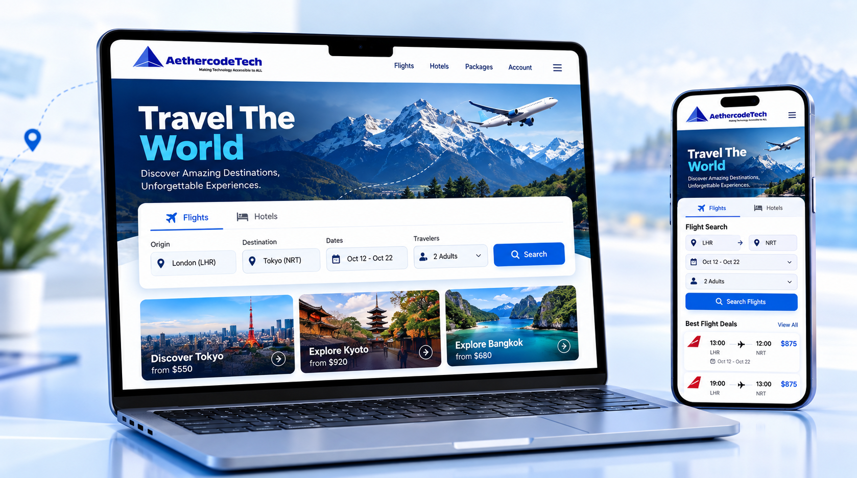 AetherCodeTech White Label Travel Portal Laptop and Mobile Showcase